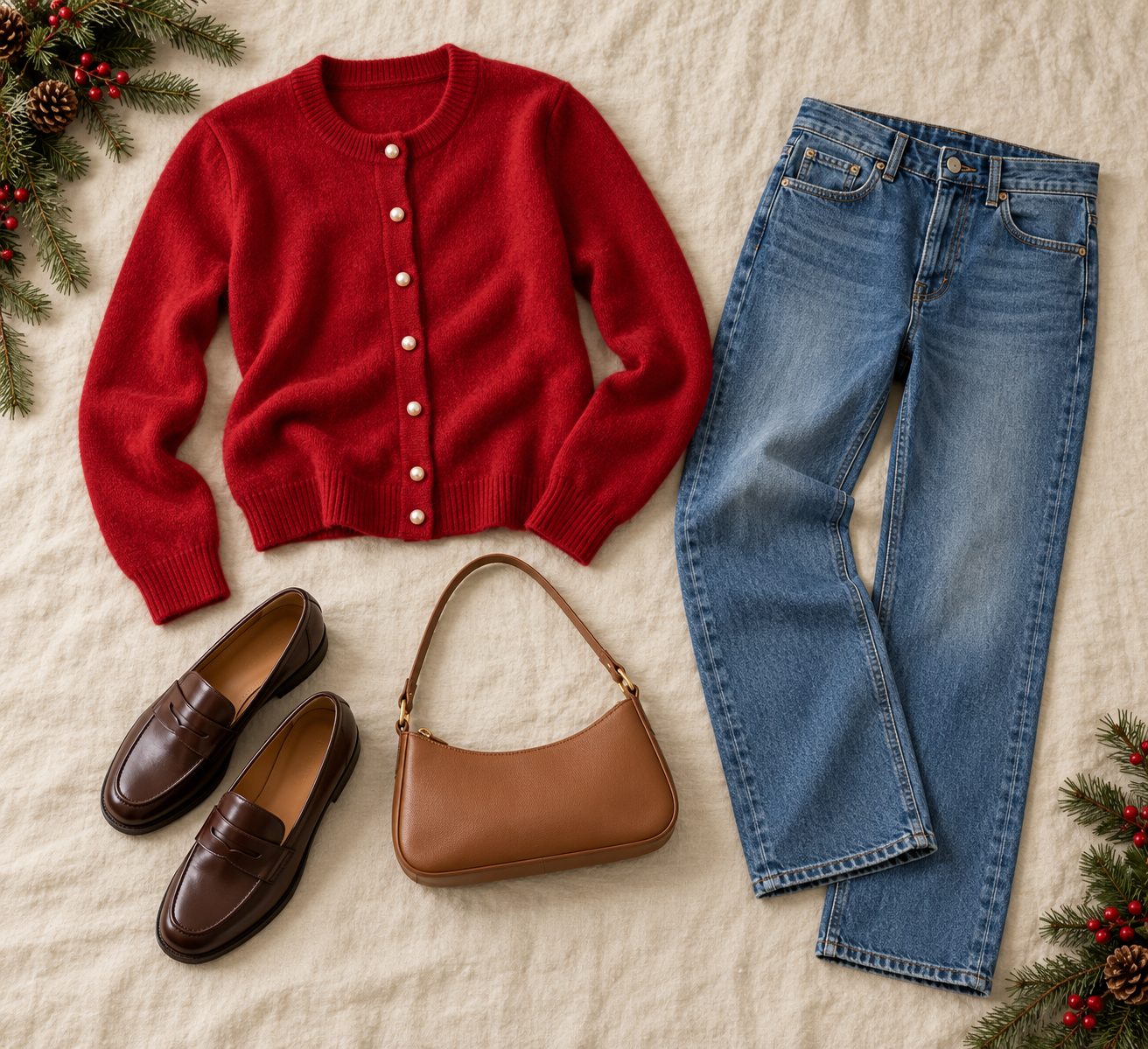 Red cardigan, blue straight jeans and brown loafers