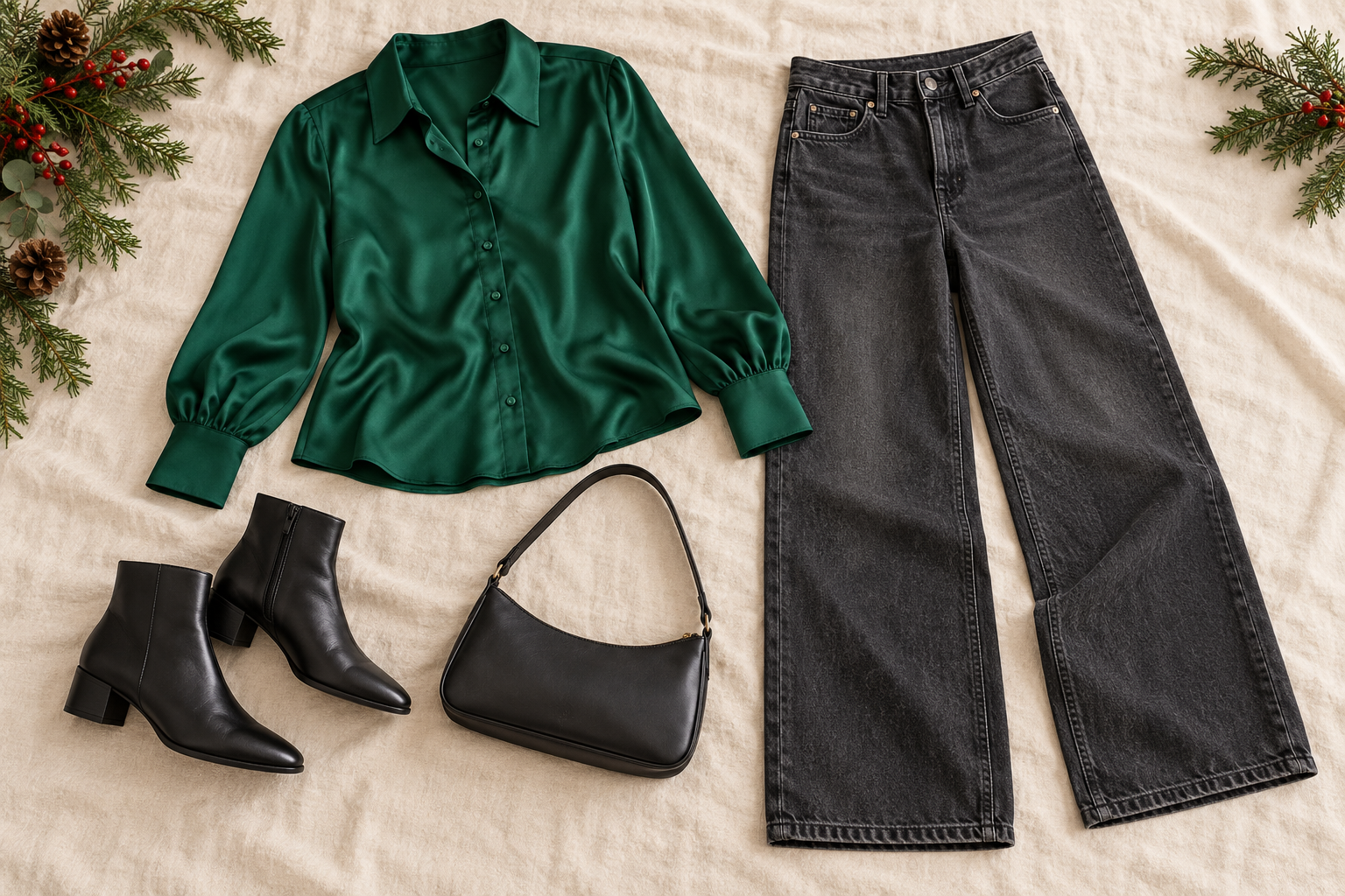 Emerald satin blouse, charcoal wide-leg jeans and black ankle boots