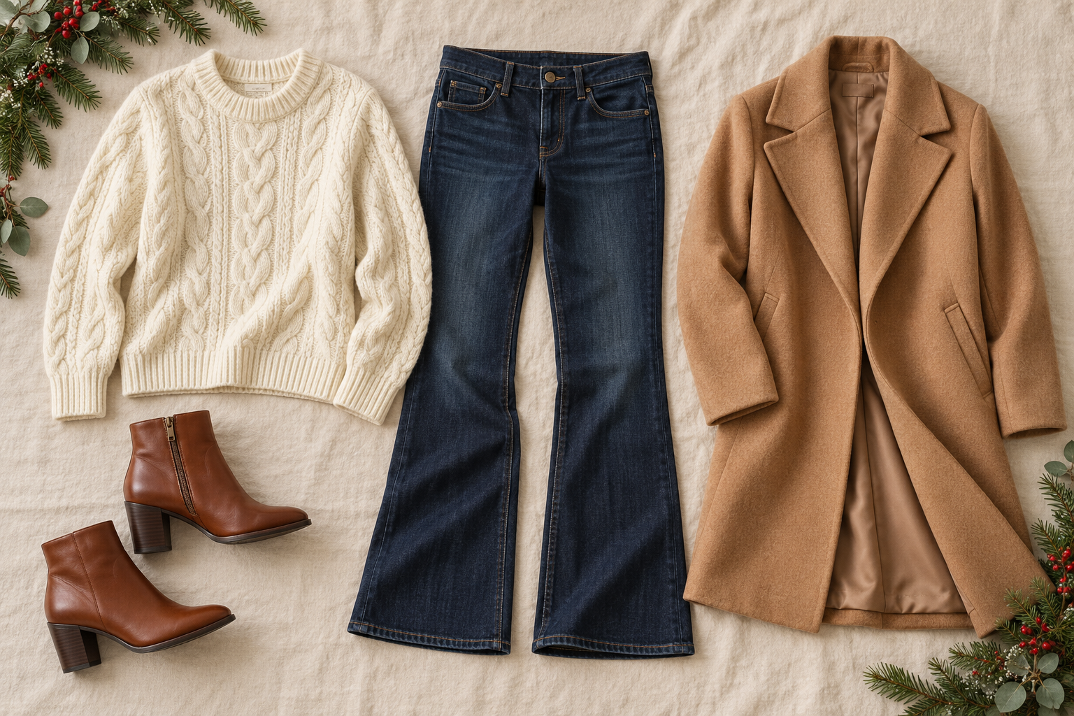 Ivory cable knit, indigo bootcut jeans, cognac boots and camel coat