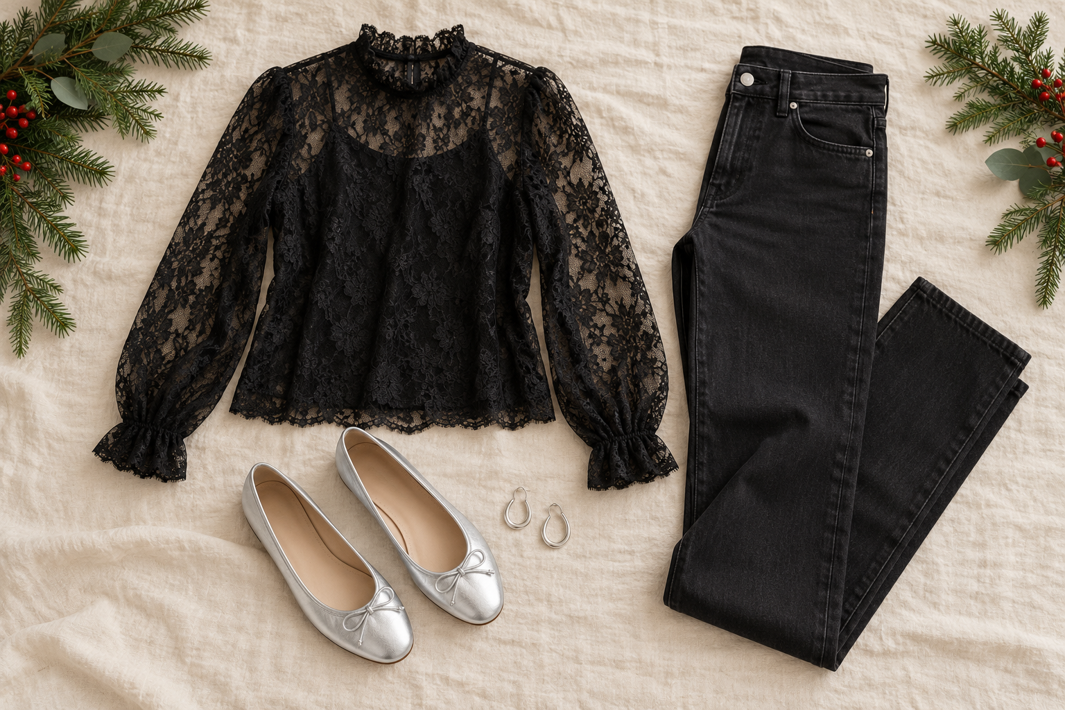 Black lace blouse, black jeans and silver ballet flats
