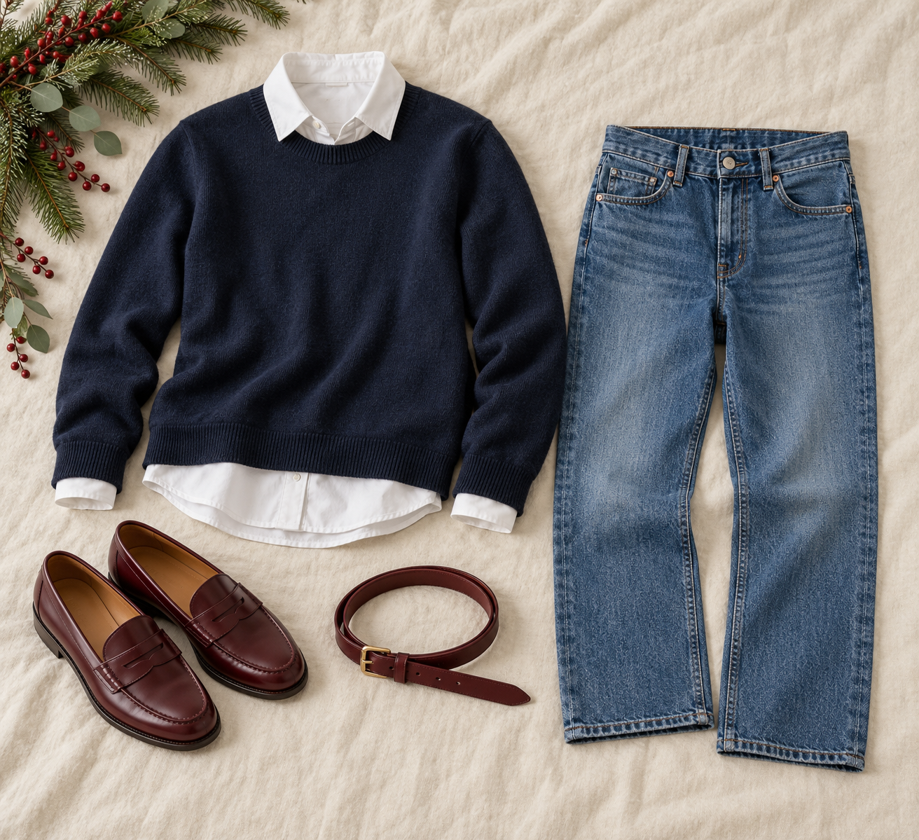 Navy sweater, white shirt, blue jeans and burgundy loafers