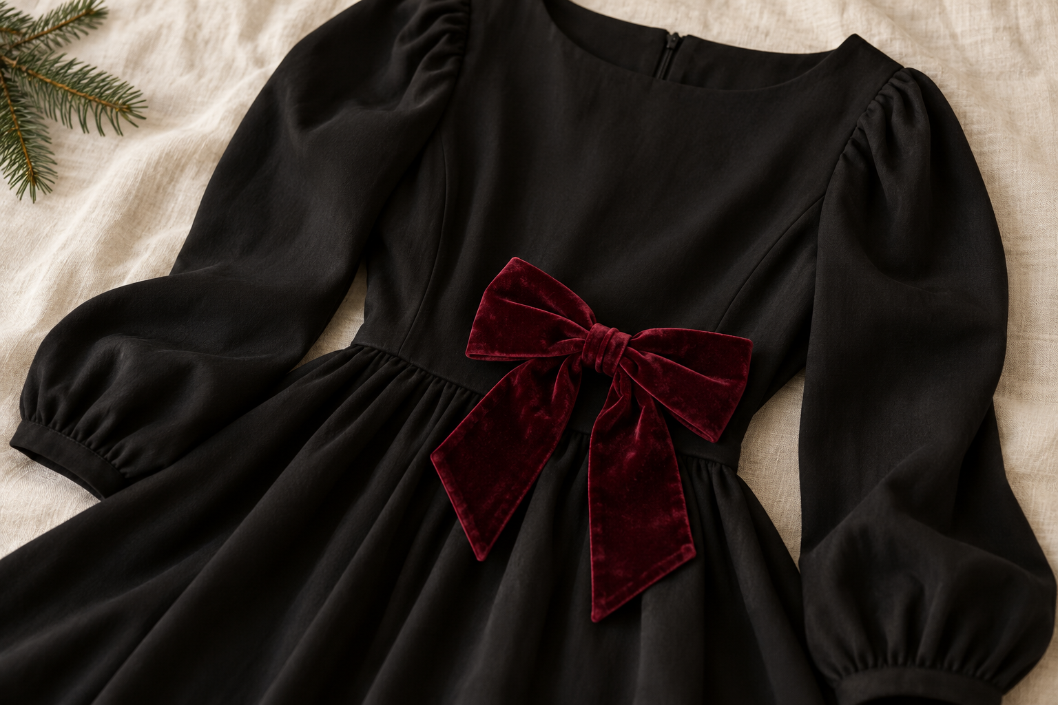 Burgundy velvet bow beside a simple black dress