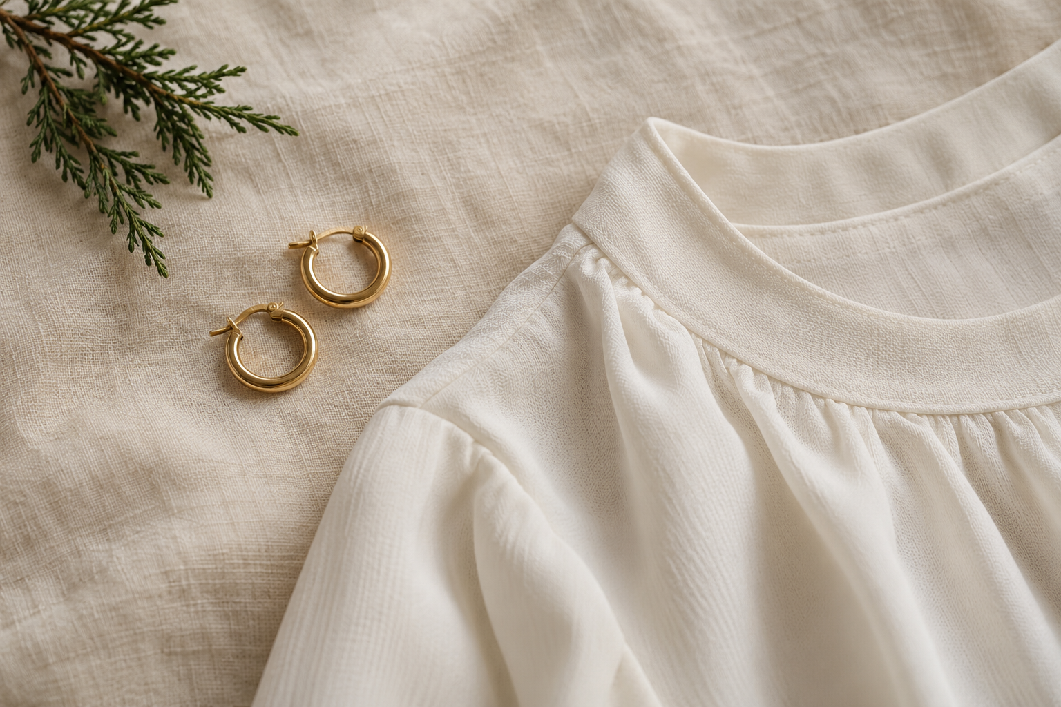 Small gold hoop earrings beside an ivory neckline