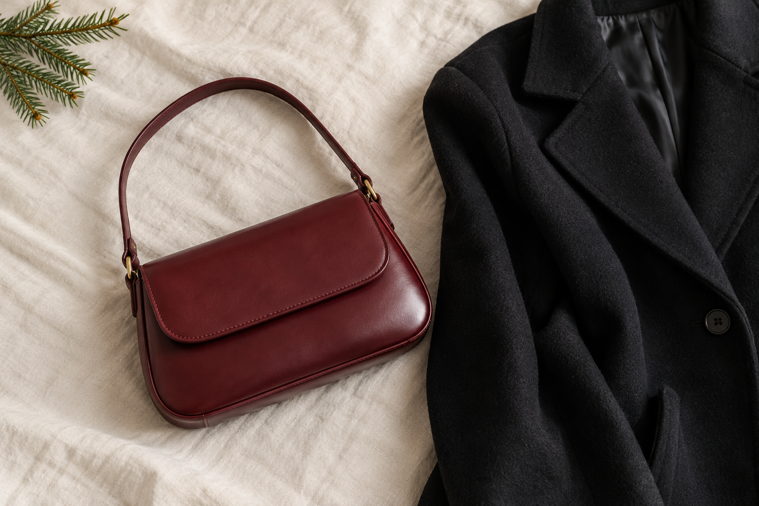 Burgundy shoulder bag styled beside a black coat