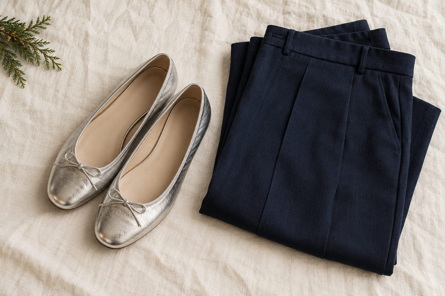 Silver ballet flats beside navy tailored trousers