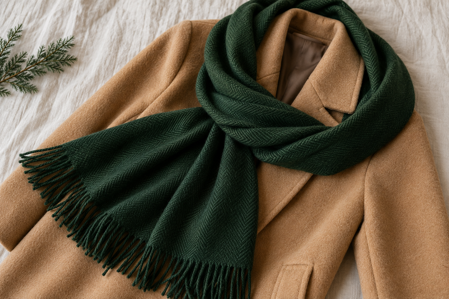 Forest-green scarf draped across a camel coat