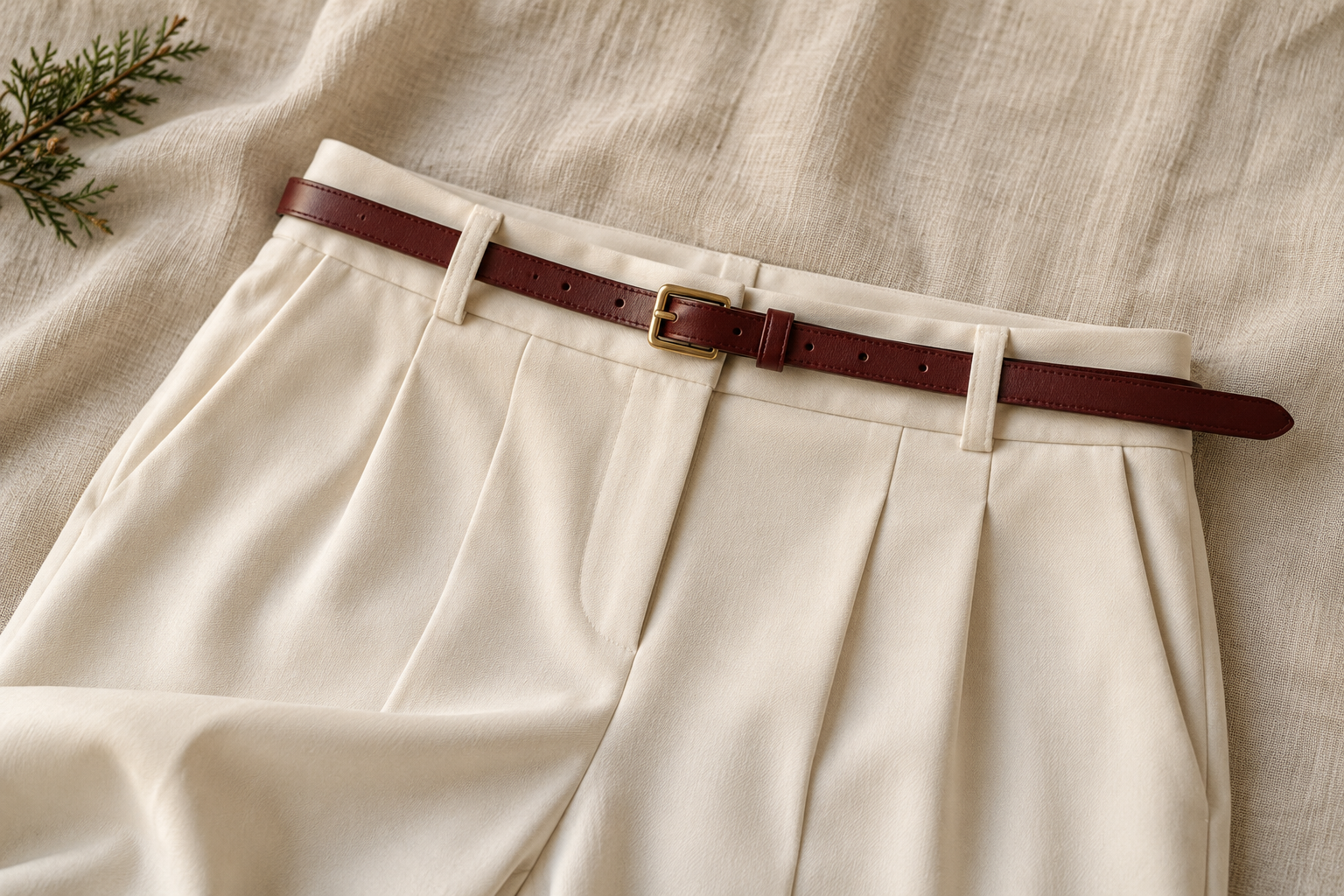 Burgundy belt with cream tailored trousers