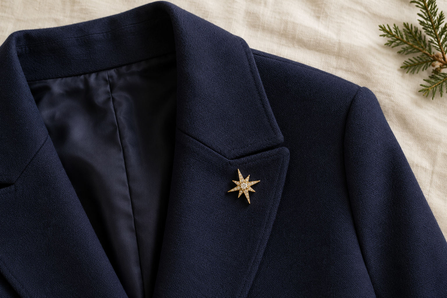 Small gold star brooch on a navy blazer lapel