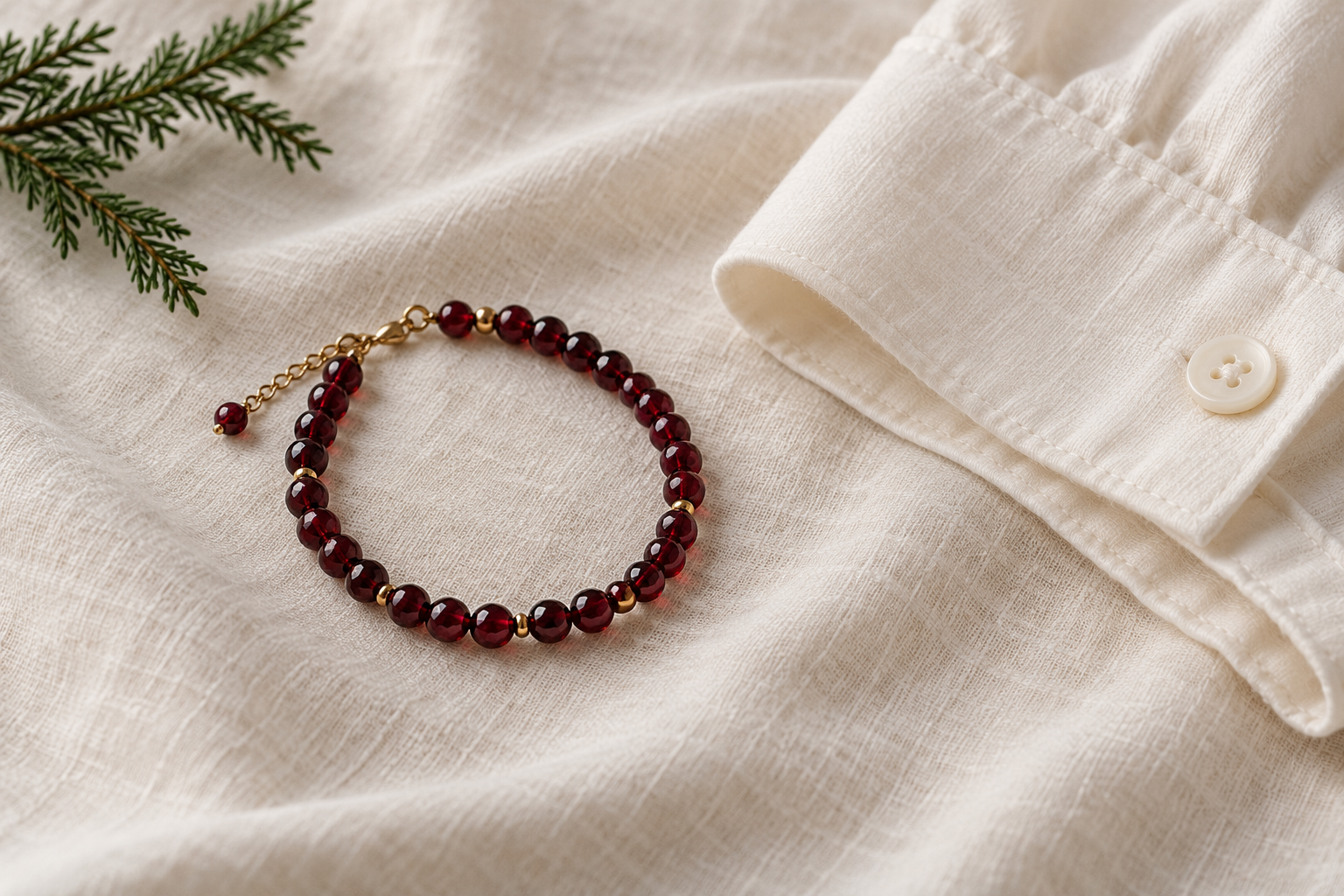 Garnet-colored bead bracelet beside an ivory shirt cuff