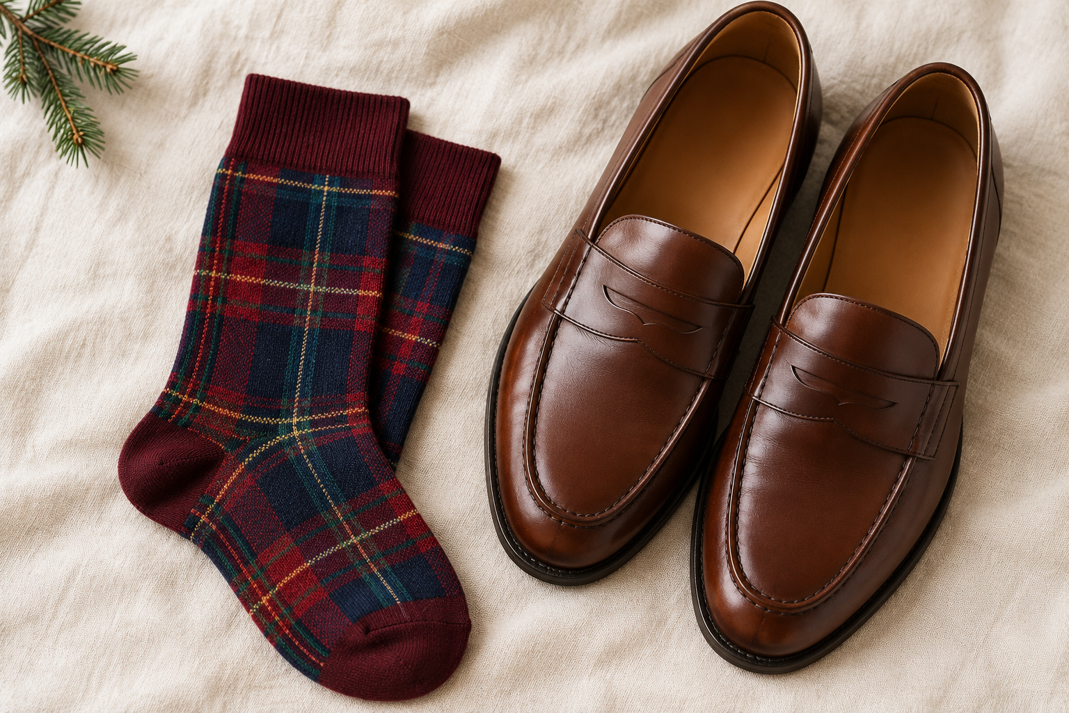 Brown loafers shown beside patterned socks