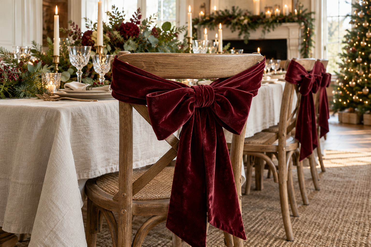 Oversized burgundy velvet bow tied to back of an oak dining chair at cream linen Christmas table