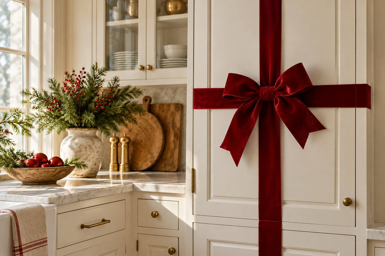 White kitchen cabinet door wrapped in deep red ribbon like a present, one perfectly shaped bow, no branding