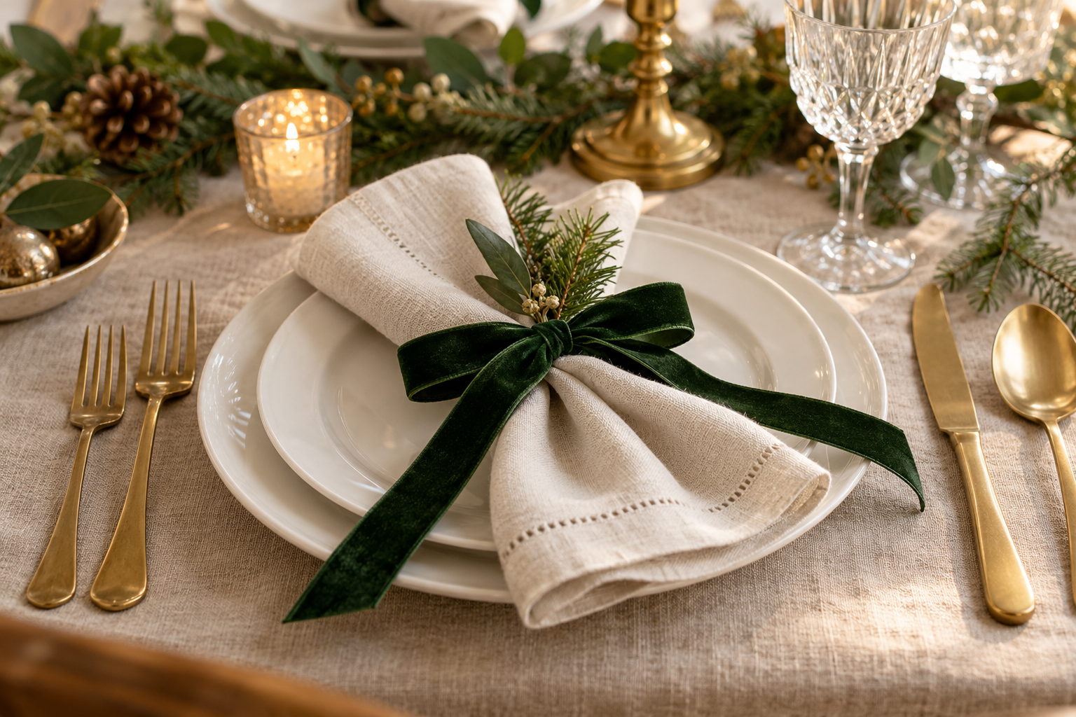 Elegant ivory linen napkin tied with forest-green velvet ribbon bow on white plate, gold cutlery