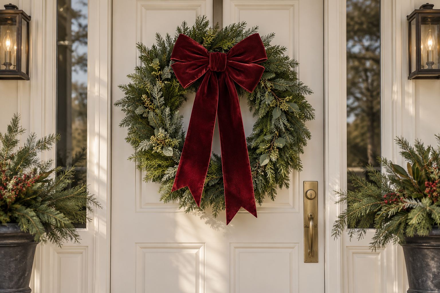 Large lush burgundy velvet bow decorating a minimalist evergreen wreath on cream front door