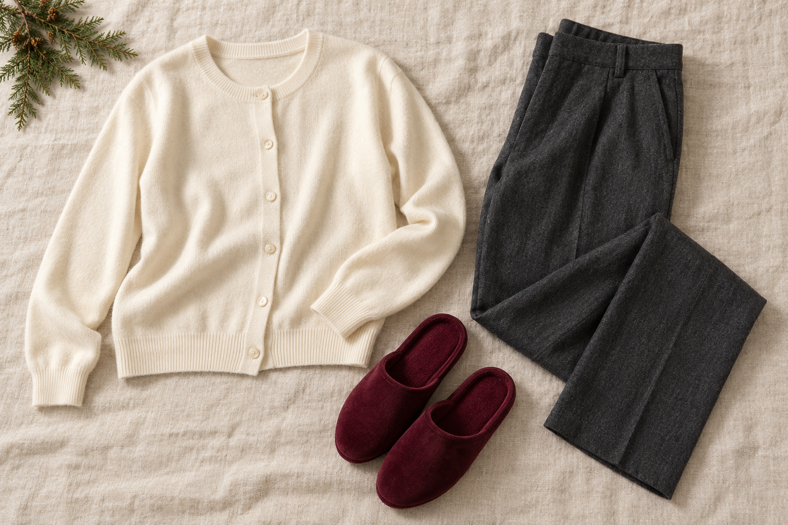 Ivory cotton cardigan, charcoal trousers and burgundy slippers