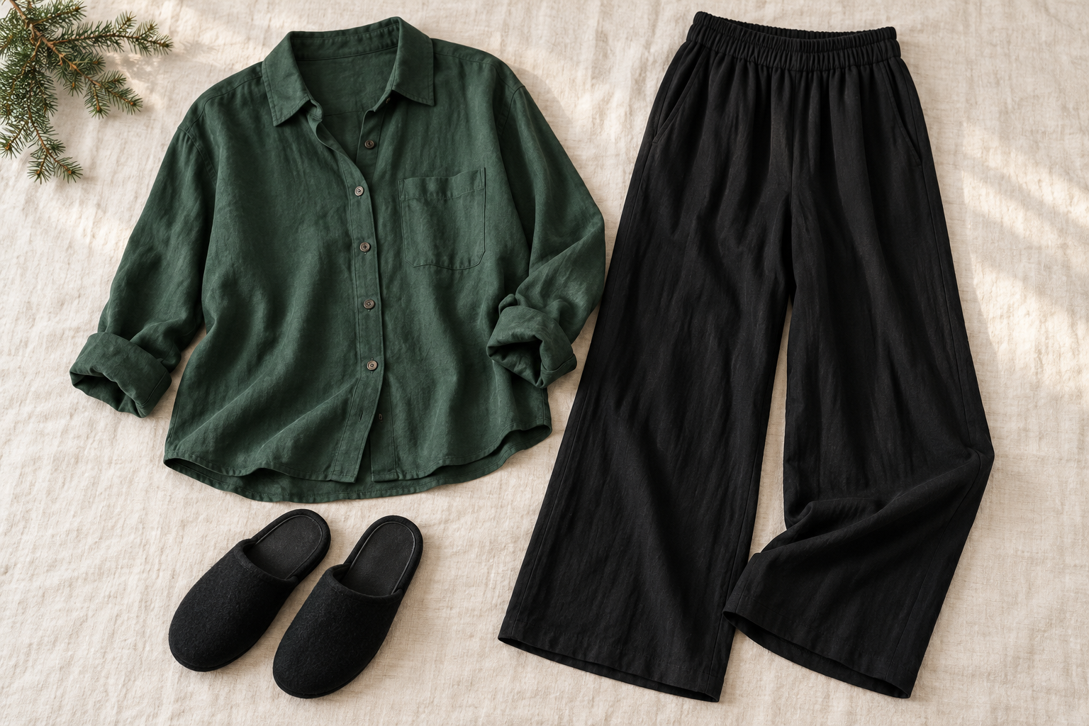 Forest-green cotton shirt, black wide-leg trousers and house slippers