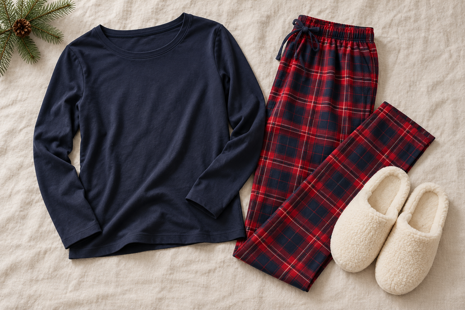 Navy cotton top, tartan lounge trousers and cream slippers