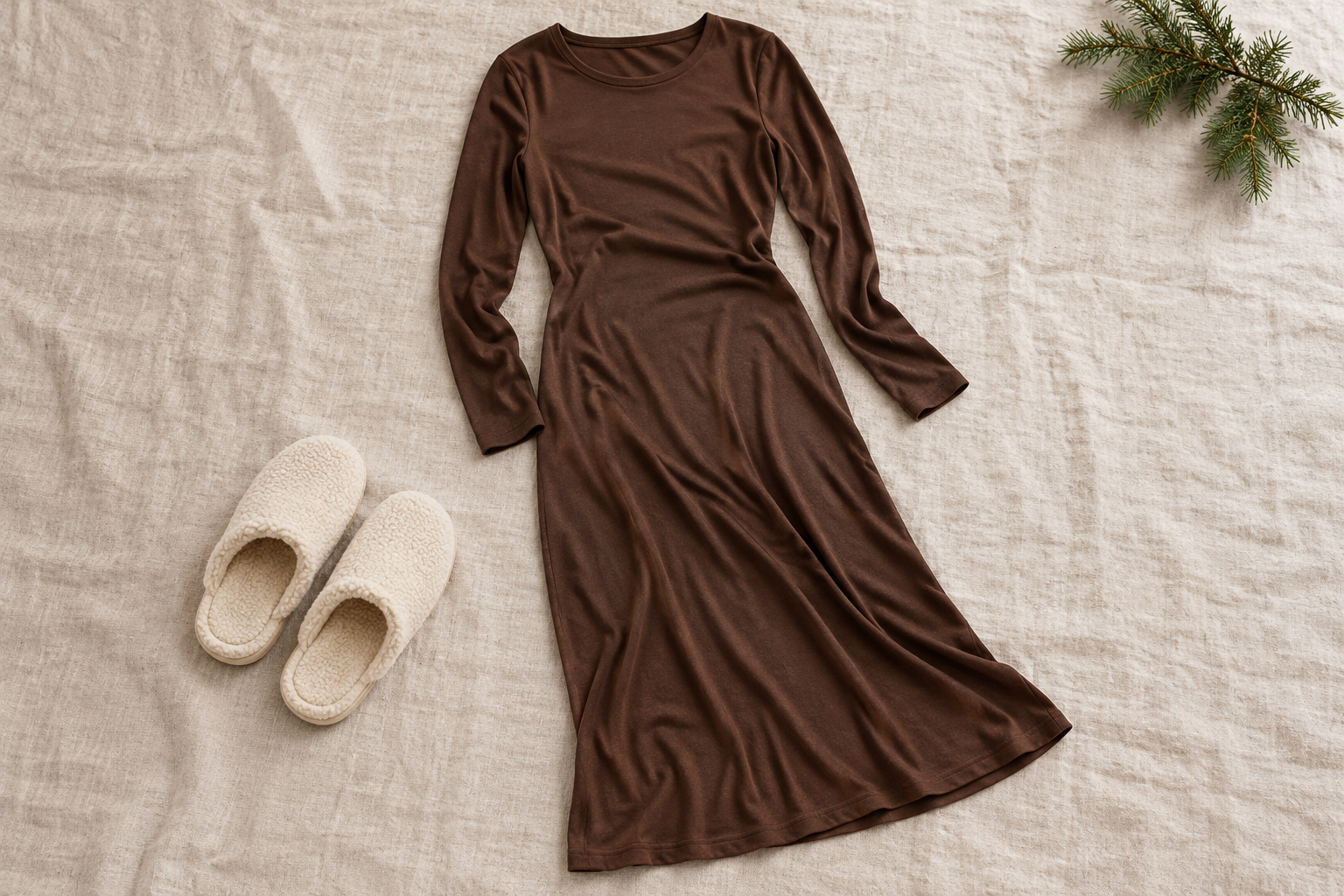 Chocolate long-sleeve jersey midi dress with cream slippers