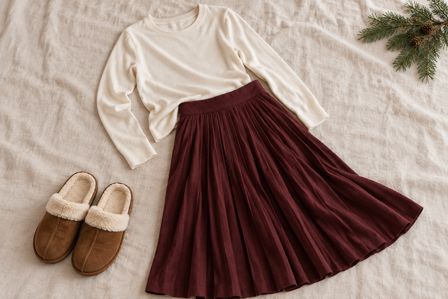 Cream long-sleeve top, burgundy pleated midi skirt and indoor slippers