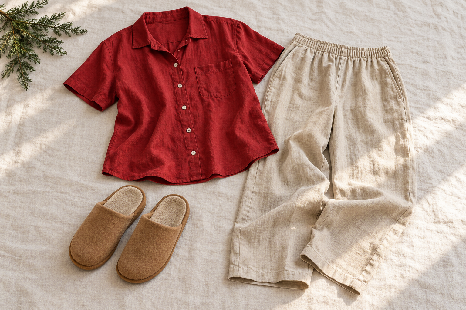 Red short-sleeve shirt, beige linen trousers and tan indoor slippers
