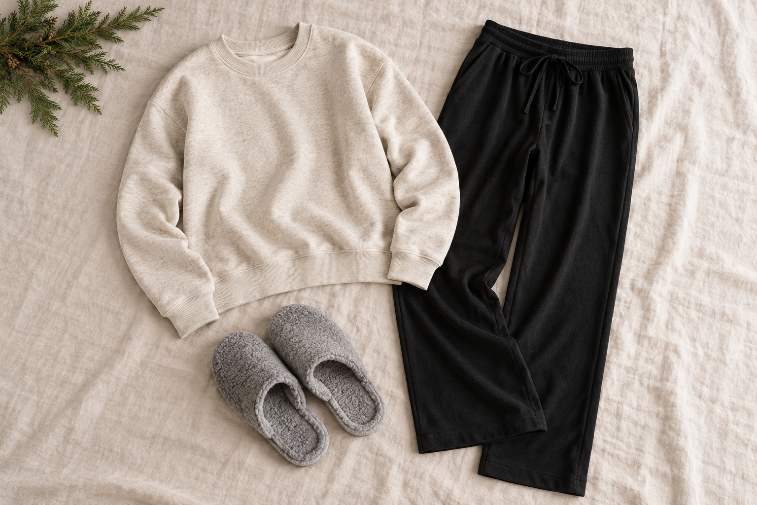 Oatmeal sweatshirt, black jersey trousers and gray house slippers