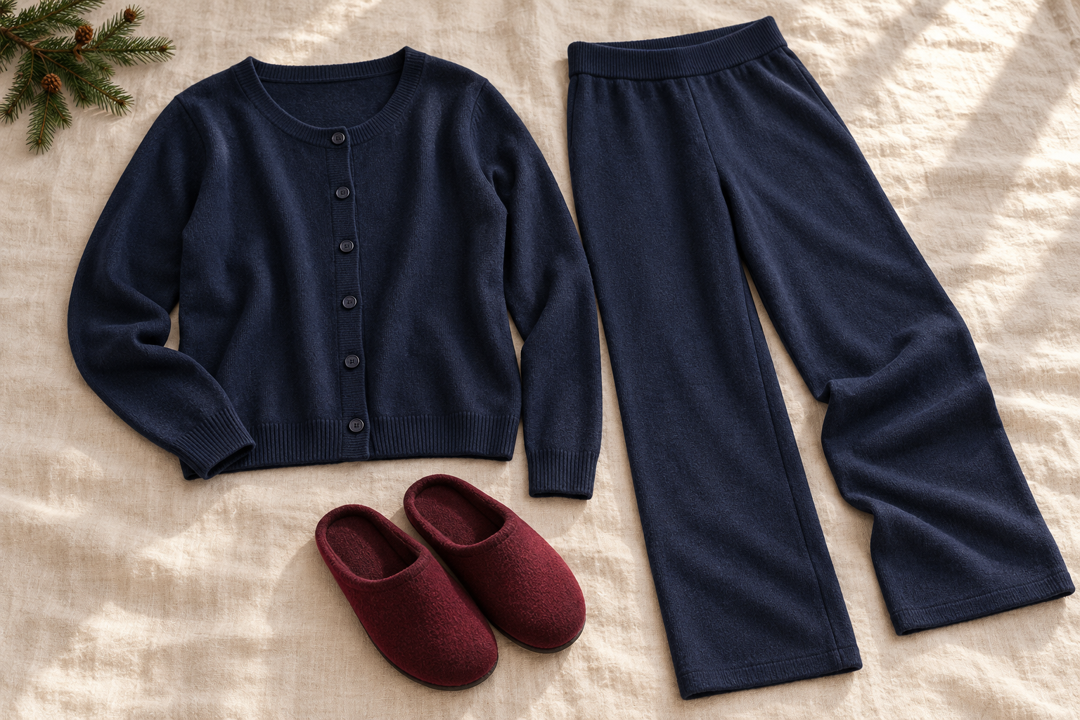 Navy cotton cardigan and knit trousers with burgundy slippers
