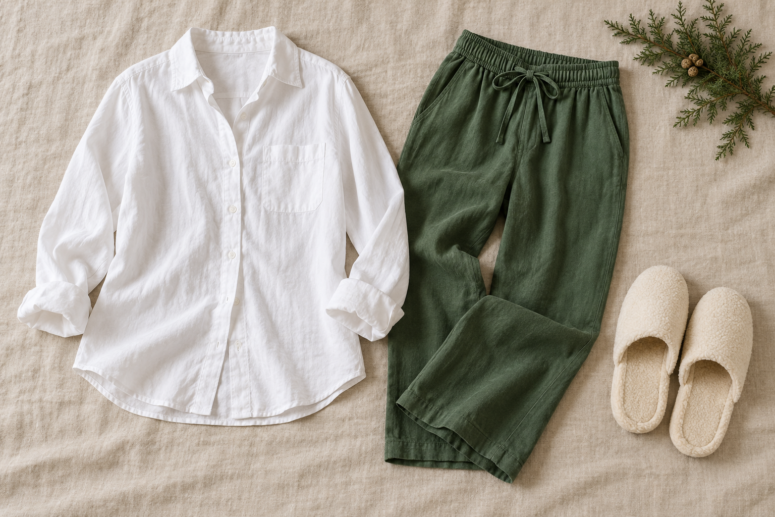 White cotton shirt, green drawstring trousers and cream slippers