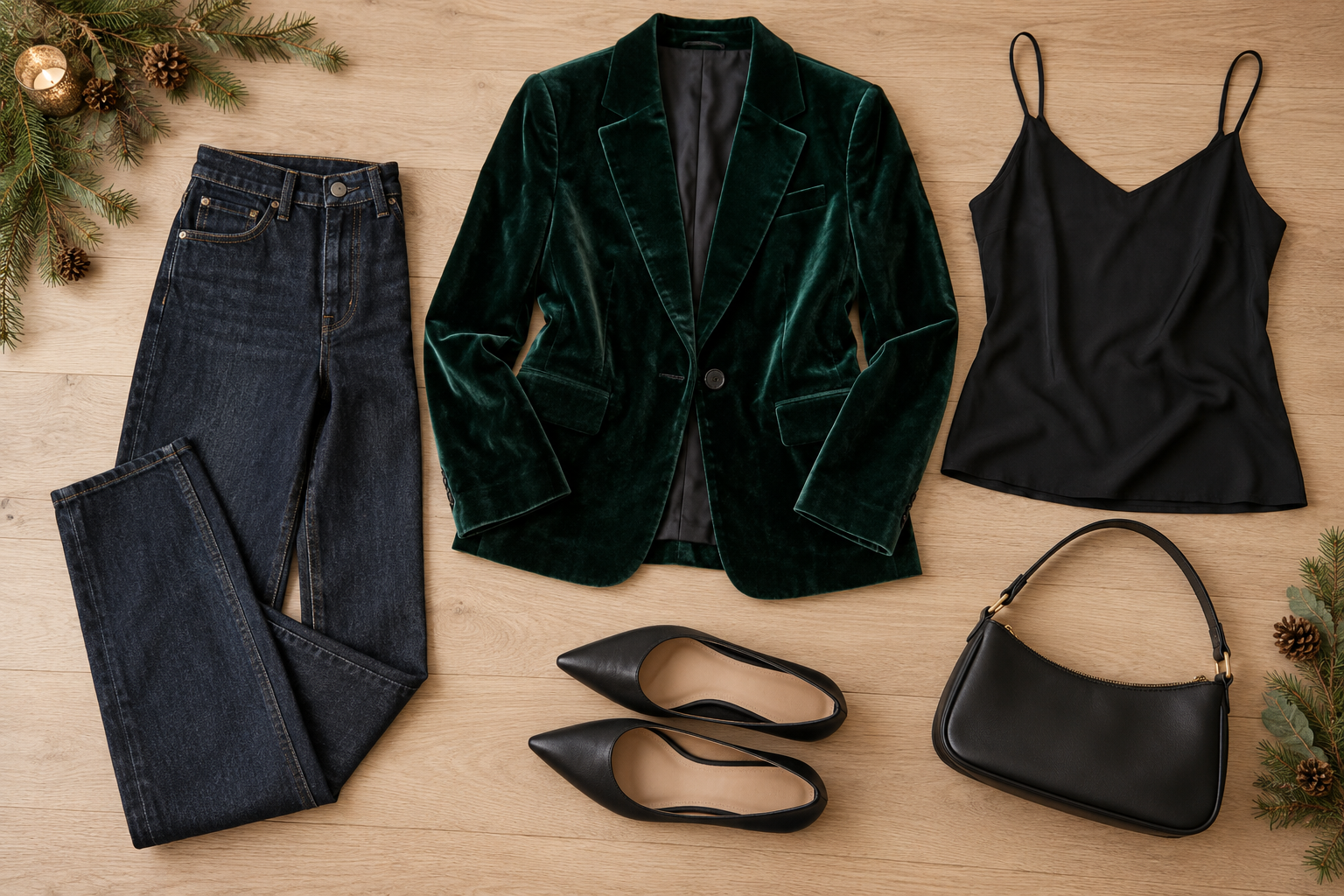 Dark jeans, green velvet blazer and pointed flat shoes