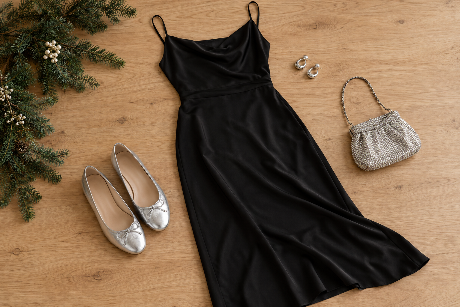 Black midi dress styled with metallic silver ballet flats