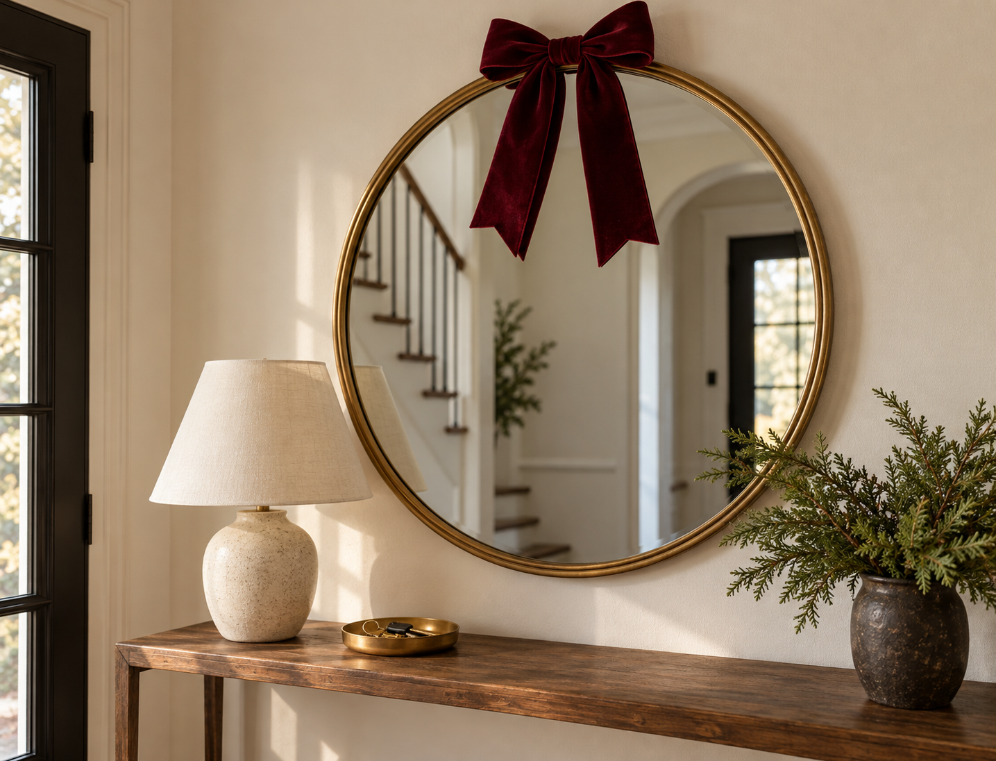 Round entryway mirror with a burgundy ribbon