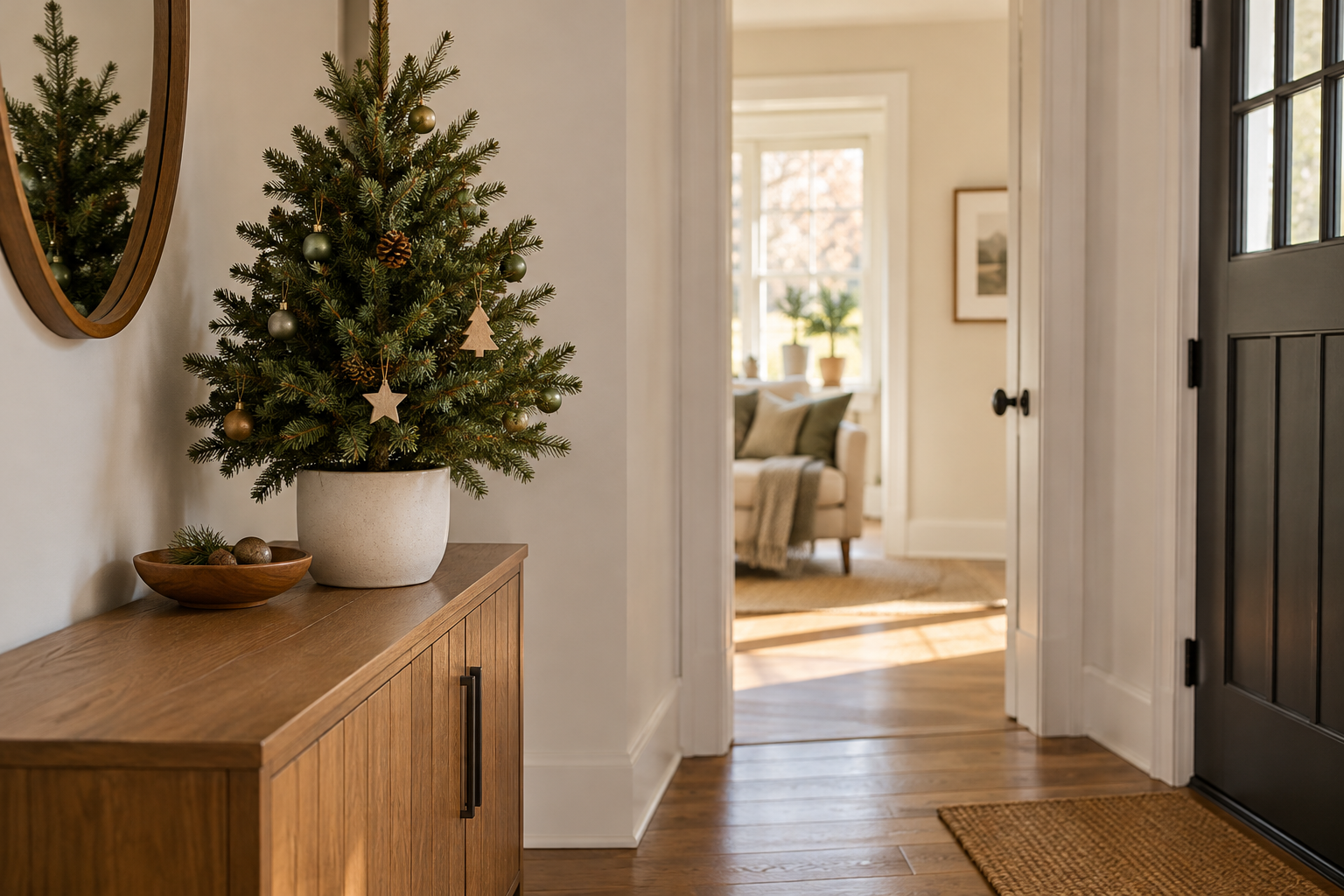 Small tabletop Christmas tree on an entryway cabinet
