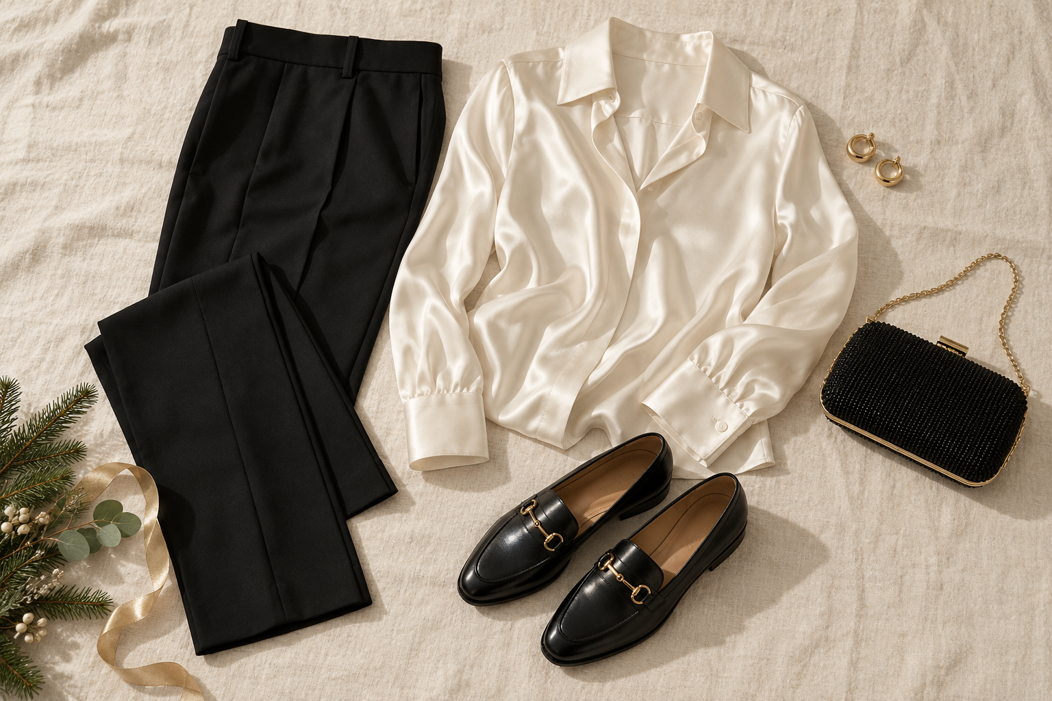 Black tailored trousers, ivory satin blouse and loafers