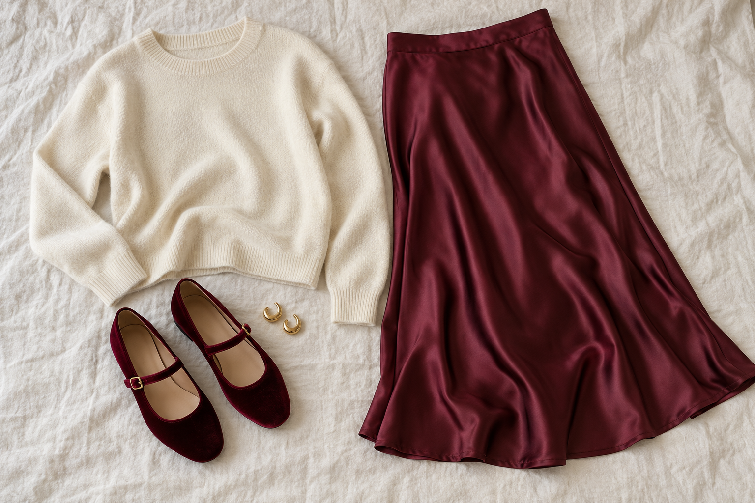 Burgundy satin skirt, cream knit and velvet Mary Jane flats
