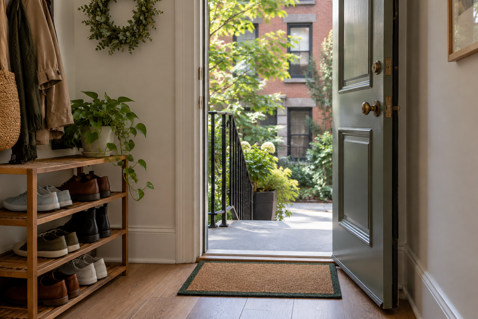 Green-bordered doormat with a clear open doorway