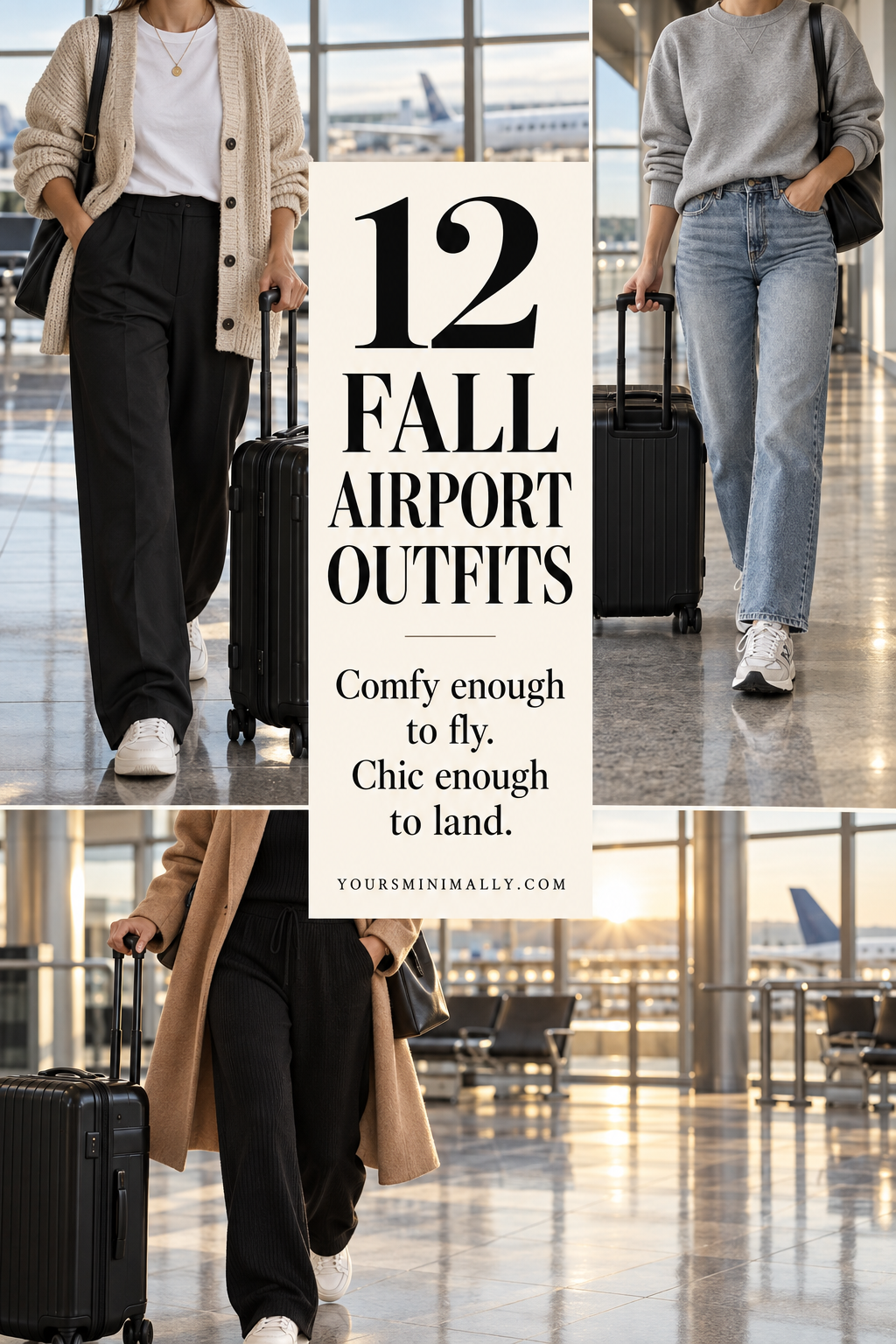 12 fall airport outfits with faceless photos of cardigans, relaxed trousers, jeans, sneakers and carry-on luggage