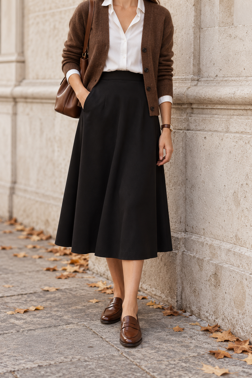 Brown Cardigan + White Blouse + Black Midi Skirt — outfit styling inspiration