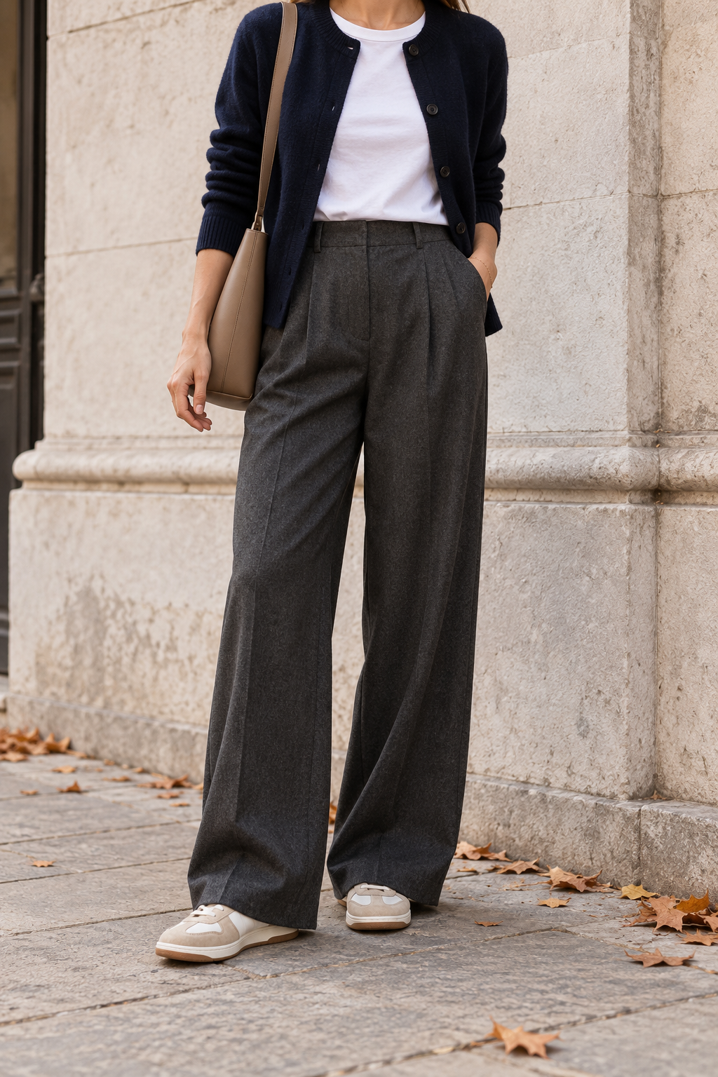 Navy Cardigan + White Tee + Charcoal Trousers — outfit styling inspiration