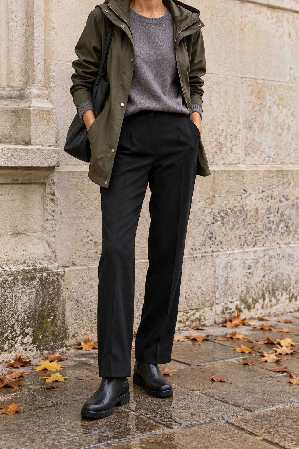 Olive Rain Jacket + Grey Knit + Black Trousers — outfit styling inspiration