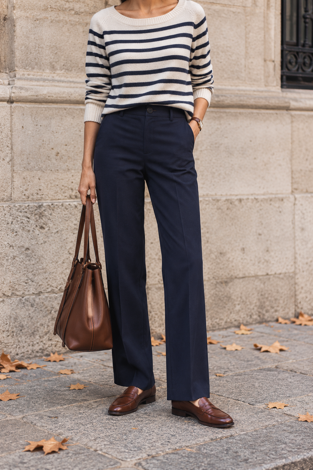 Striped Sweater + Navy Trousers + Brown Loafers — outfit styling inspiration