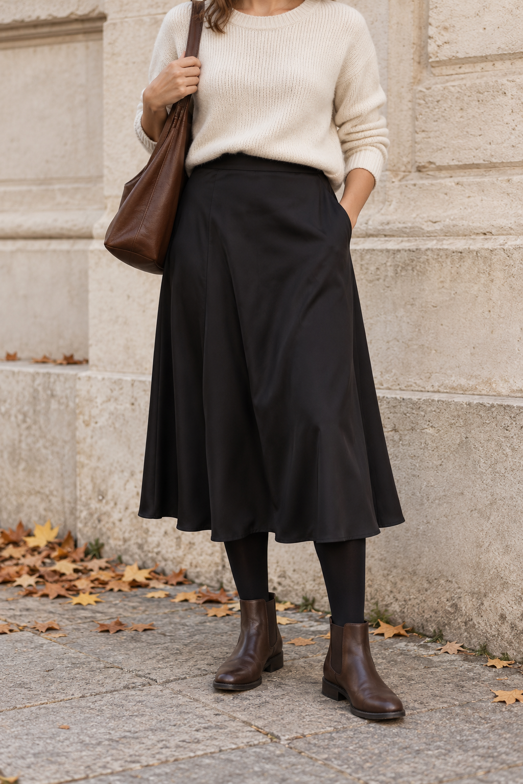 Cream Sweater + Black Midi Skirt + Ankle Boots — outfit styling inspiration