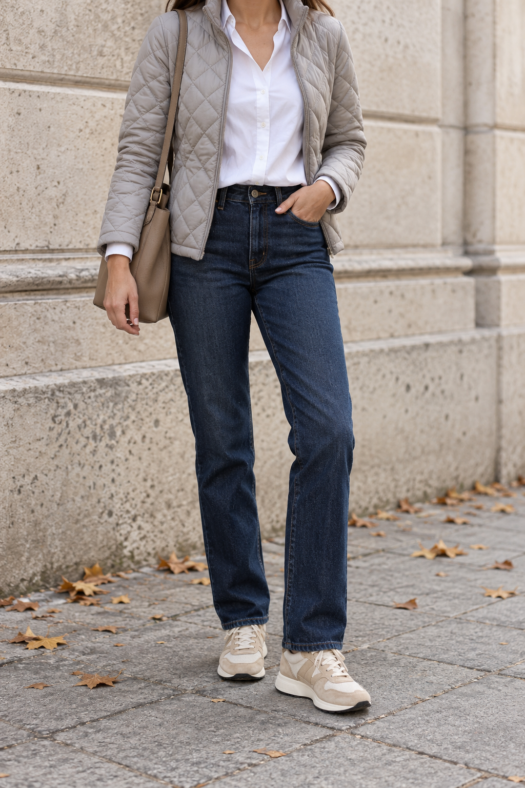 Grey Quilted Jacket + White Shirt + Dark Jeans — outfit styling inspiration