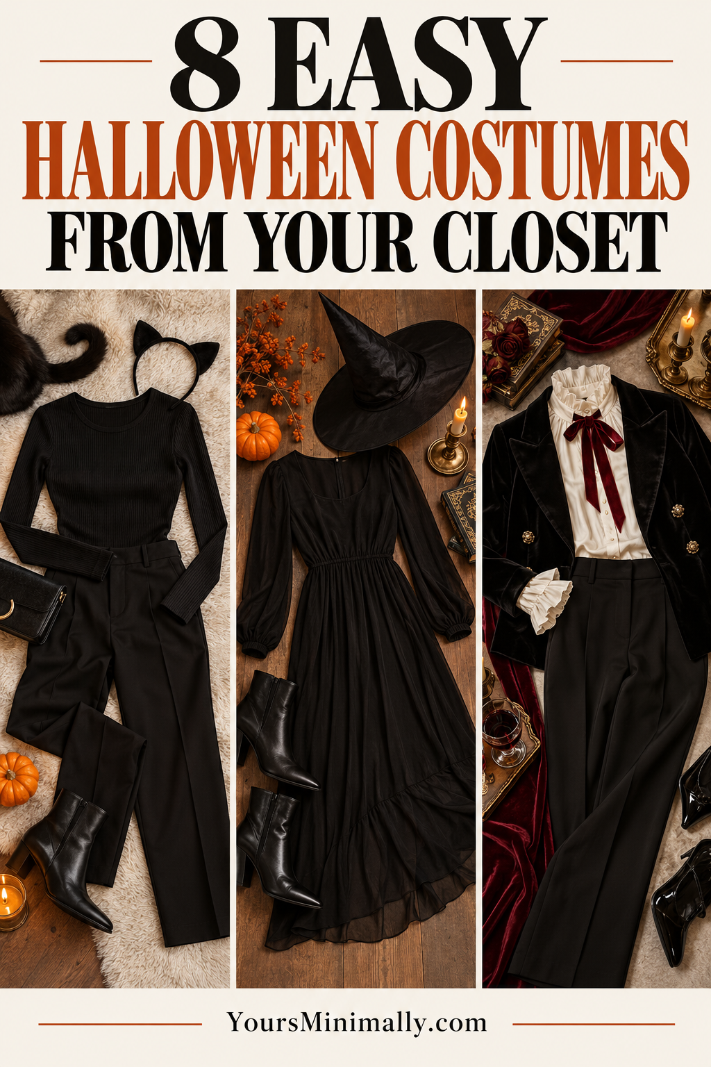 8 Last-Minute Halloween Costumes You Can Make From Your Closet — Pinterest pin with faceless photos