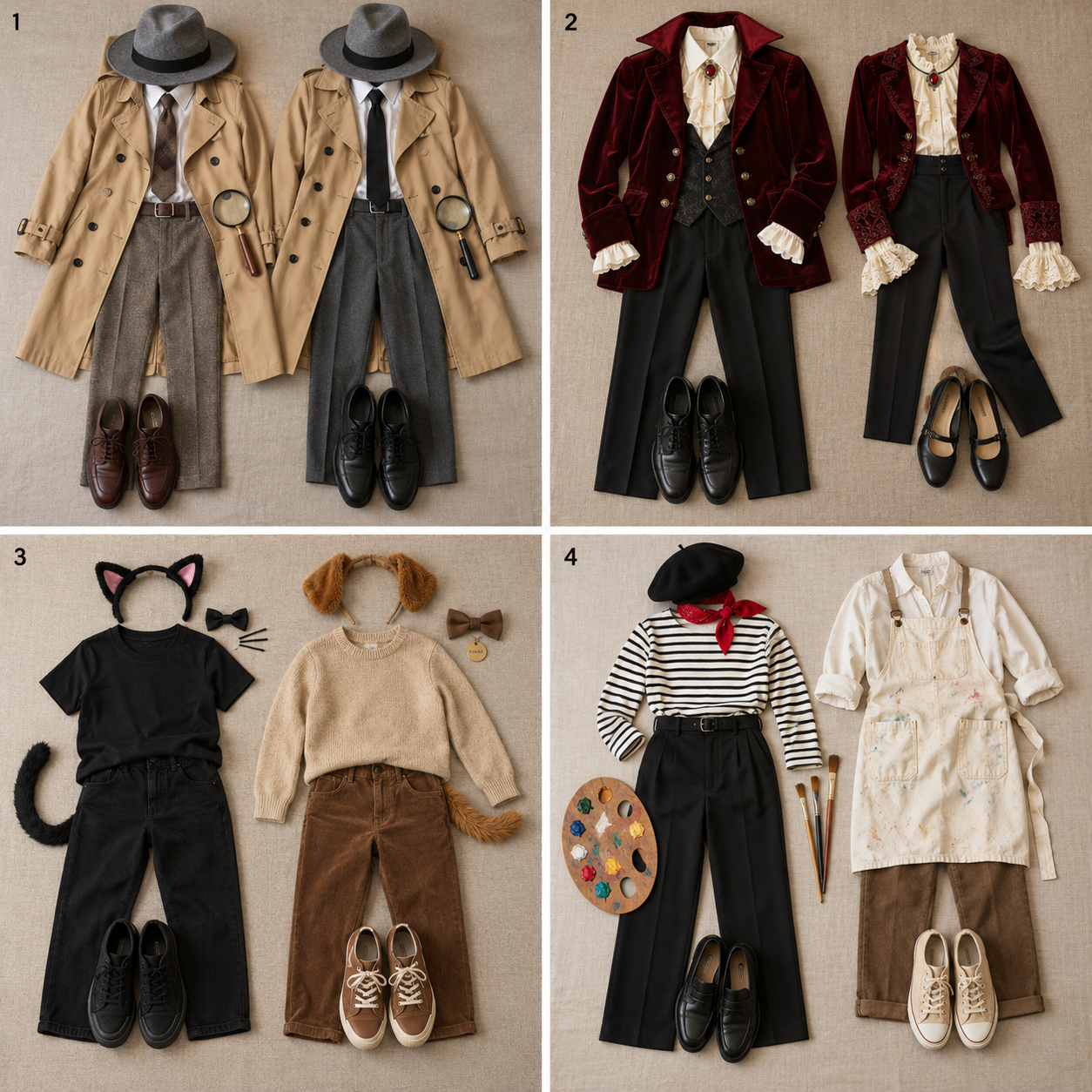 Numbered photo guide to ideas 1 through 4 for easy couples Halloween costumes