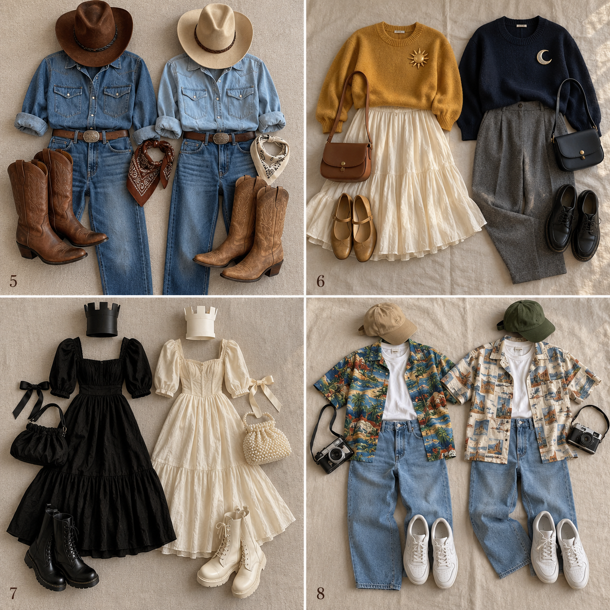 Numbered photo guide to ideas 5 through 8 for easy couples Halloween costumes