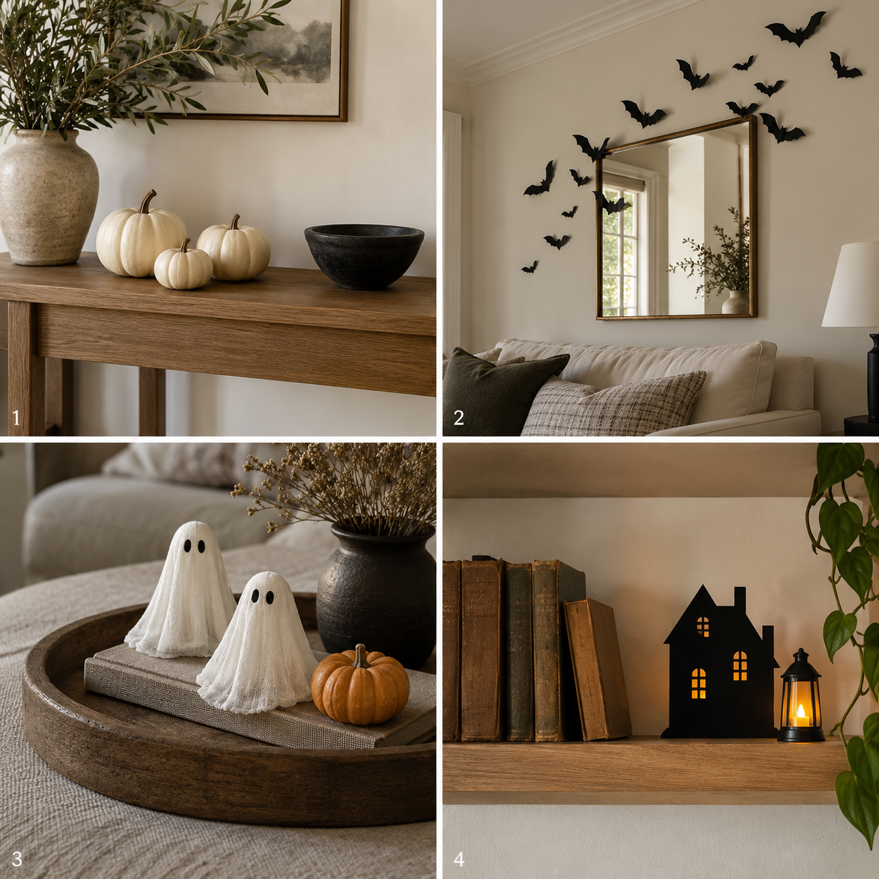 Numbered photo guide to ideas 1 through 4 for neutral Halloween decor
