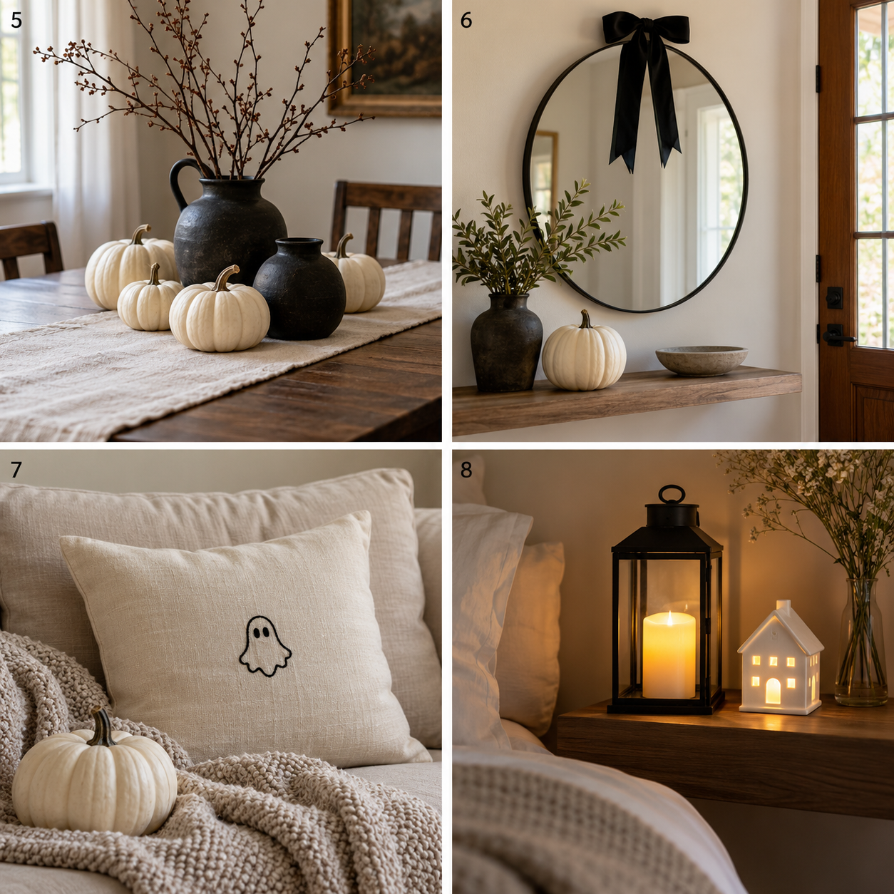 Numbered photo guide to ideas 5 through 8 for neutral Halloween decor