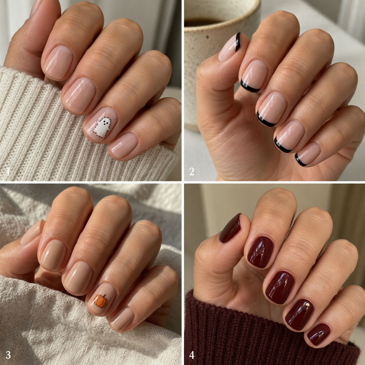 Numbered photo guide to ideas 1 through 4 for minimalist Halloween nails