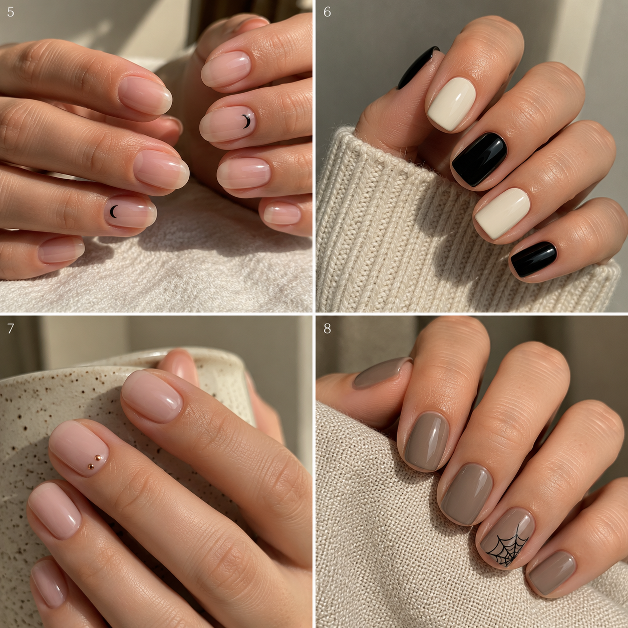 Numbered photo guide to ideas 5 through 8 for minimalist Halloween nails