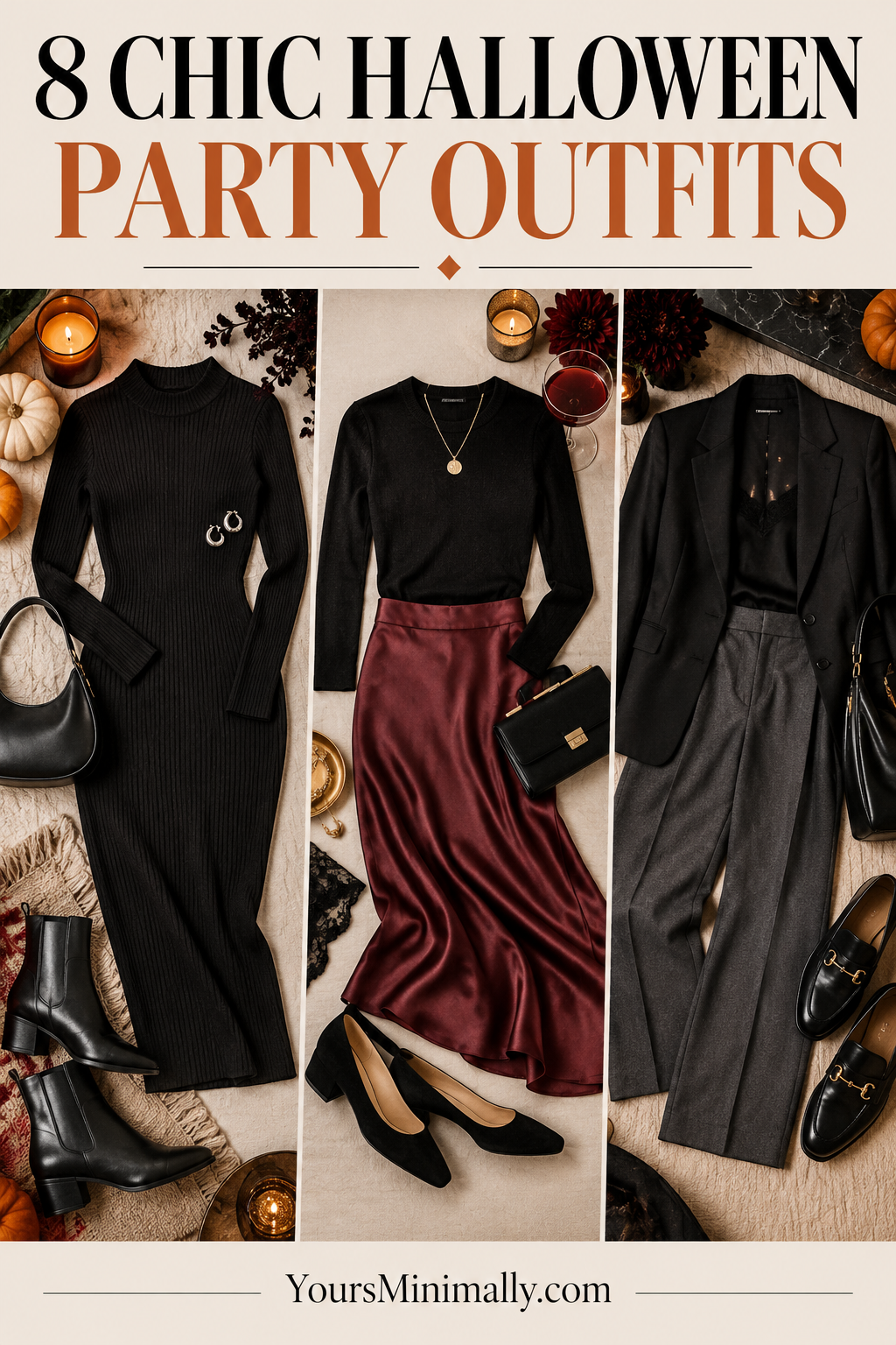 8 Chic Halloween Party Outfits That Don’t Need a Costume — Pinterest pin with faceless photos