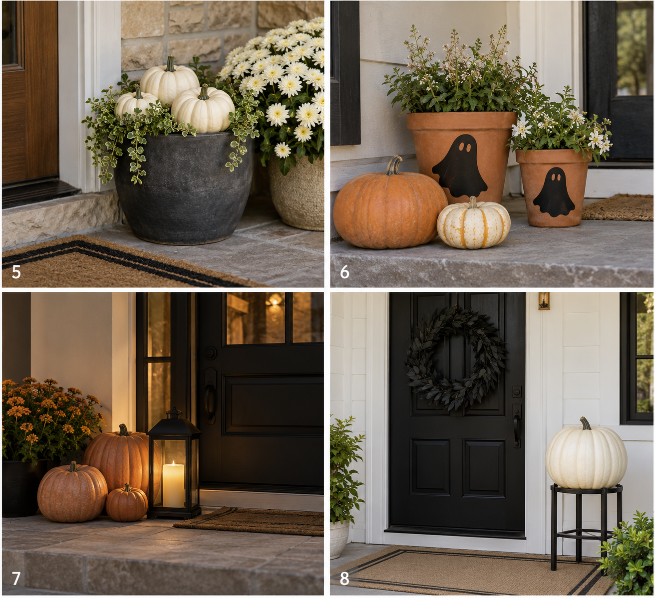 Numbered photo guide to ideas 5 through 8 for small front porch Halloween ideas